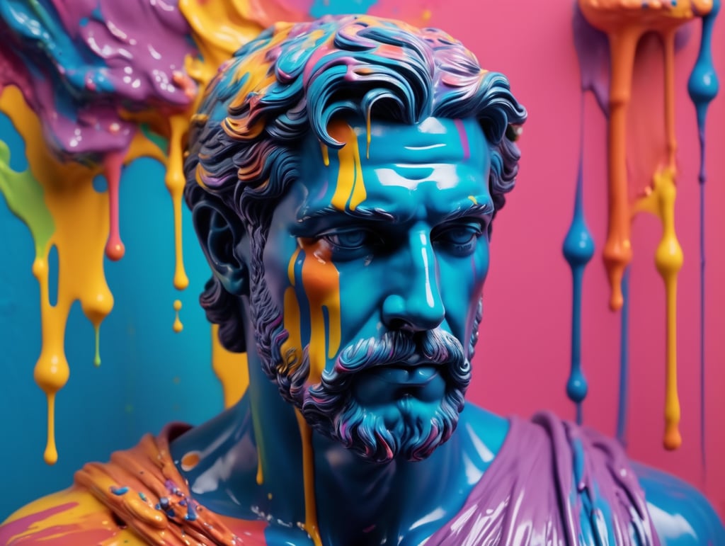 greek male bust with colorful paint, melted, the paint is flowing, aesthetic background