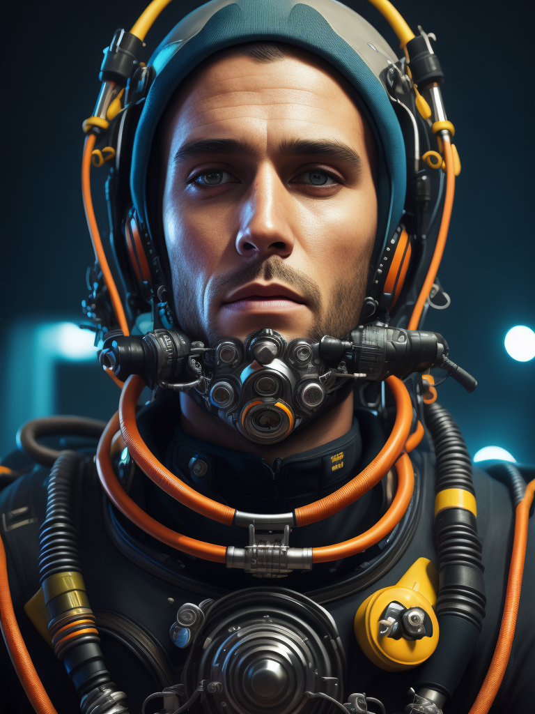 Portrait of commercial diver, ultra realism, super detailed, neon colors, magazine cover, professional shot, magazine photography, bright saturated colors, sharp focus, highly detailed