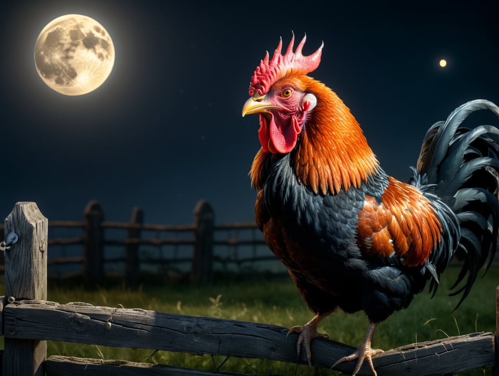 A rooster sitting on a fence in a farmyard, lit by the light of the moon, with his mouth wide open singing.