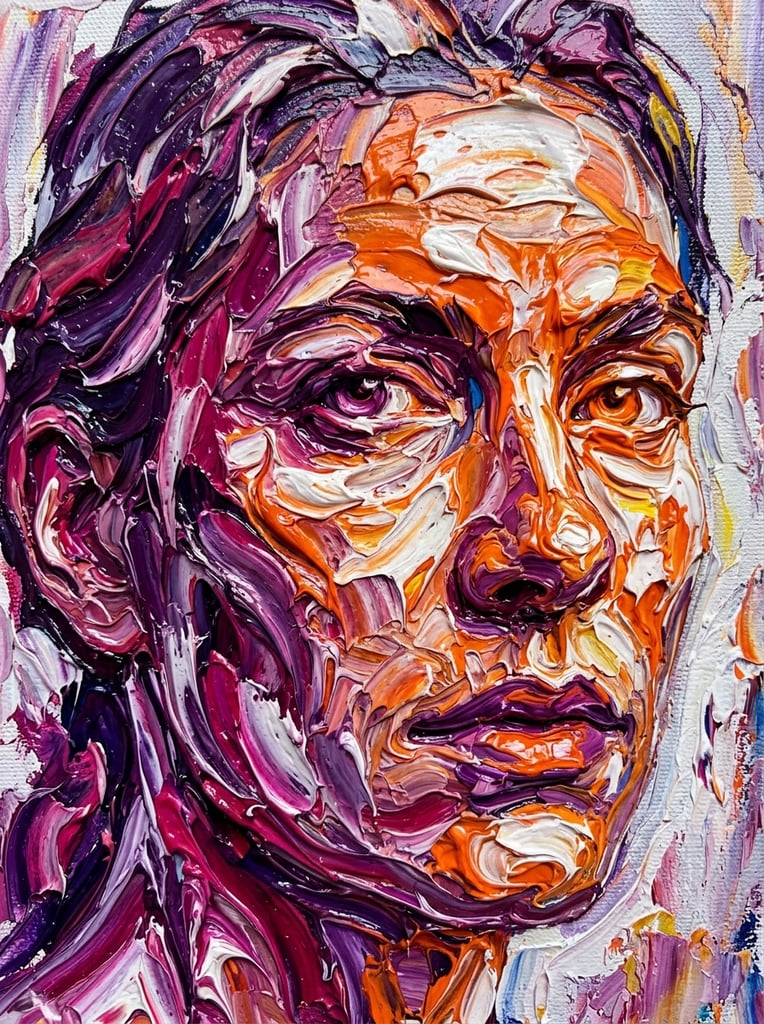 abstract portrait face formed by extremely thick impasto paint, sculptural oil strokes, vibrant orange purple pink and white palette, glossy palette knife texture, heavy ridges, extreme close-up
