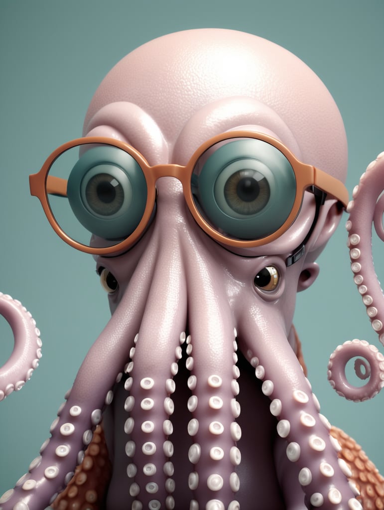 a 3D render of a female friendly octopus wearing glasses