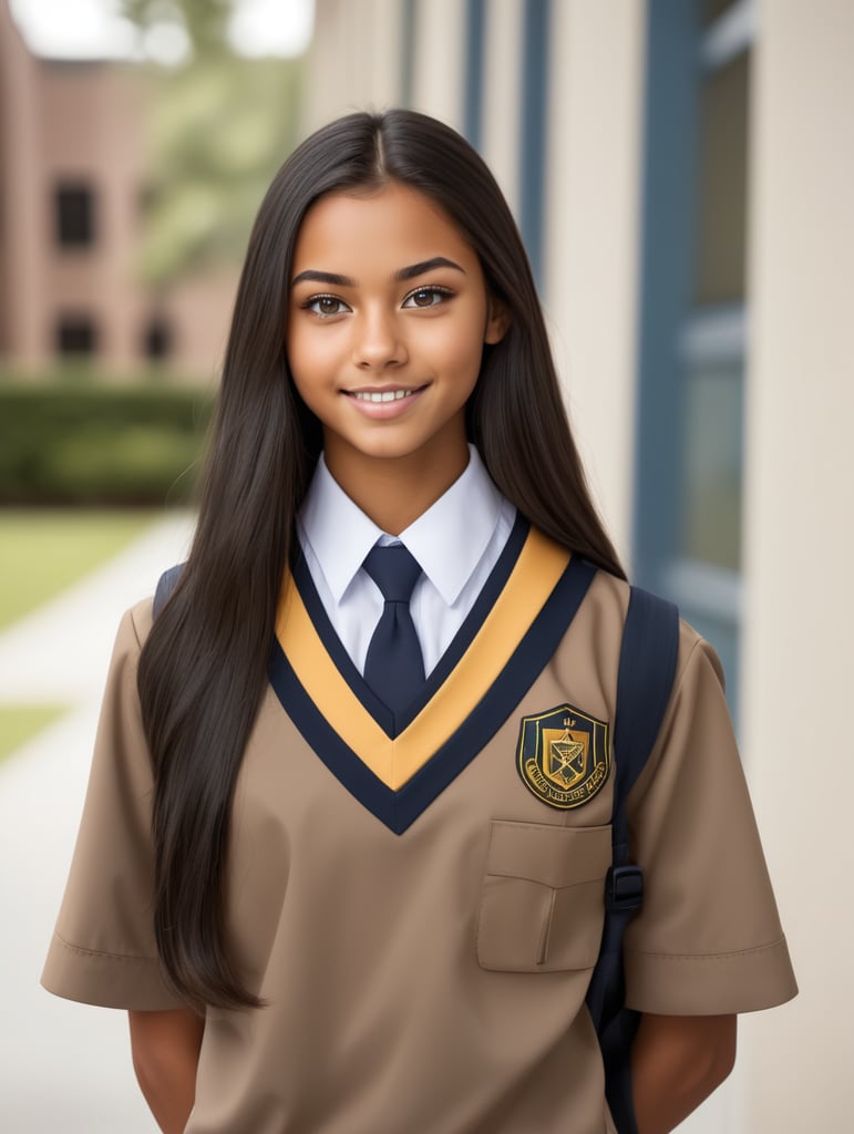 realistic female, dark long hair, tan skin, school student in uniform photoshoot