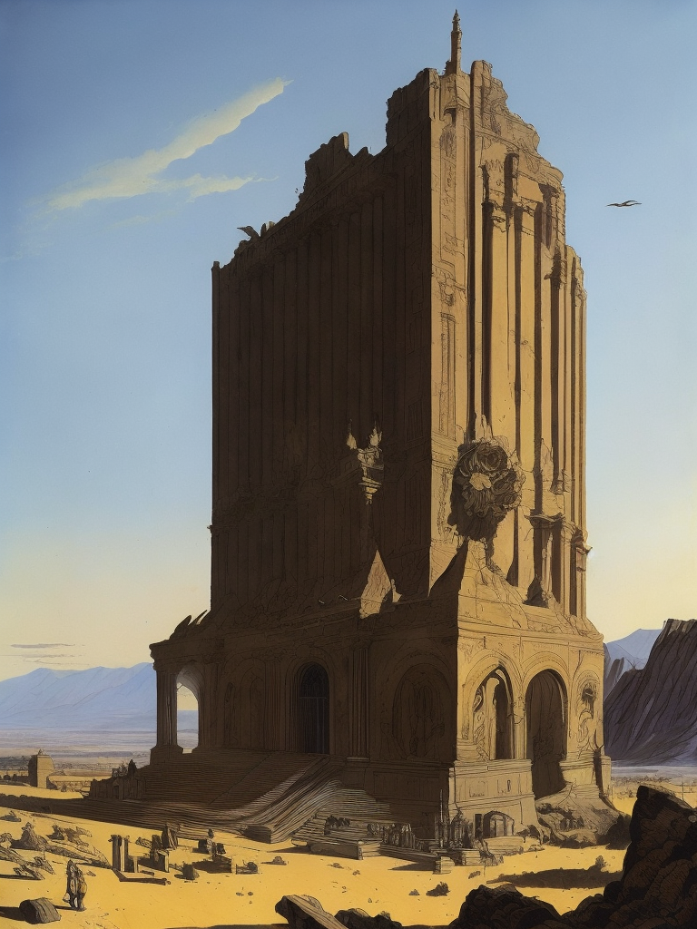 the parthanon designed by Giorgio de Chirico old and crumbling, ancient ruin Remnants of a futuristic highly developed society, machine-like lines, poster art style, magic atmosphere, desertcore, grimdark, drawn and colored by Michael Whelan, ink marks, fine lines, bold painterly brush strokes