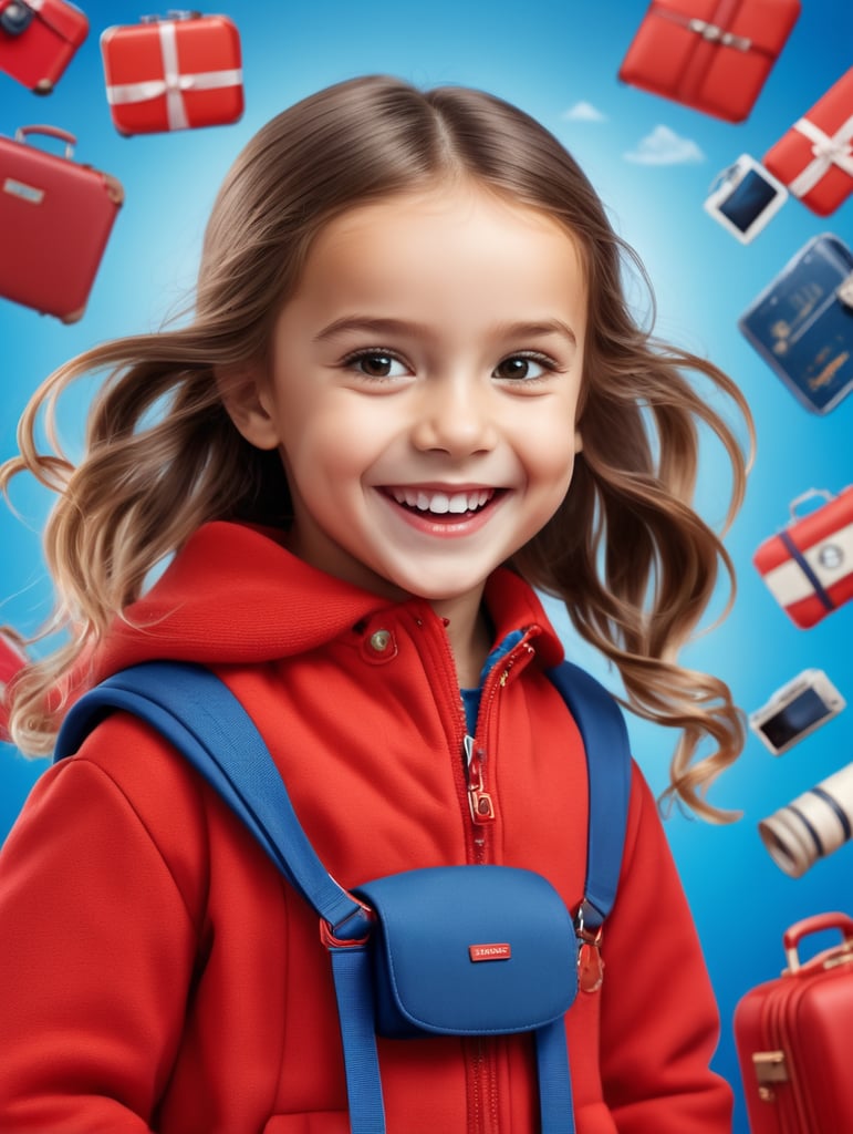 photo happy little girl going to travel, cute girl, dressed in all red, blue background, harpers bizarre, cover, headshot, hyper realistic