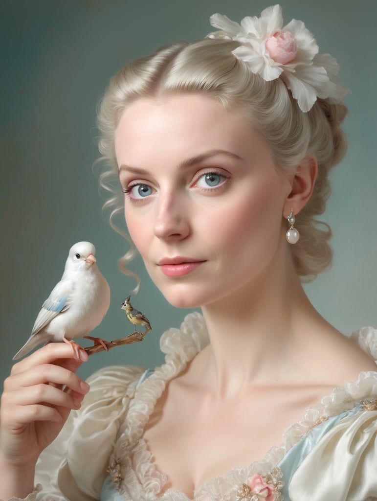 oil portrait painting of Marie-Emilie holding up a small bird Baudouin from François Boucher in the Rococo style, soft pastel colours and lots of fine details