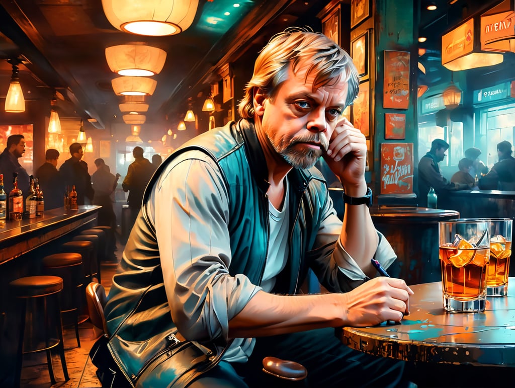 Mark Hamill down on his luck drinking scotch in a sleazy bar