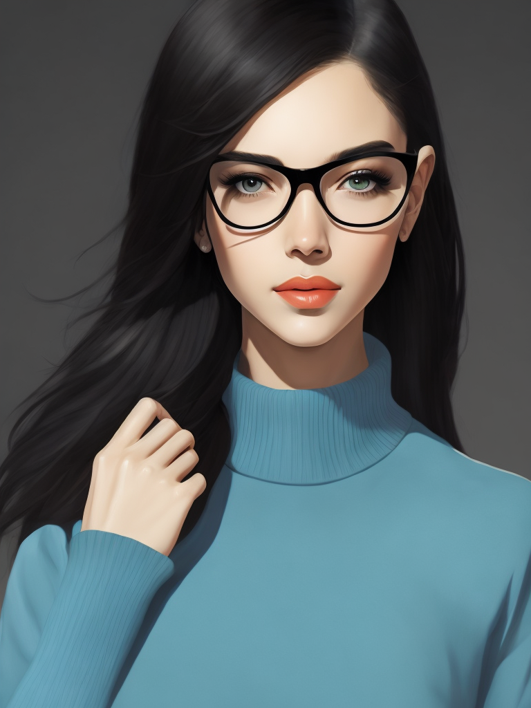 Cute girl in blue sweater black hair black wayfarer glasses by patrick nagel, solid colors