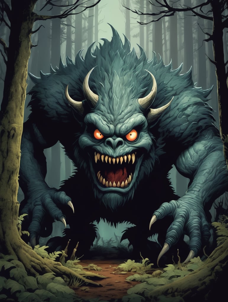 scary monster, in a dark forest, cartoon, cel-shaded, horror