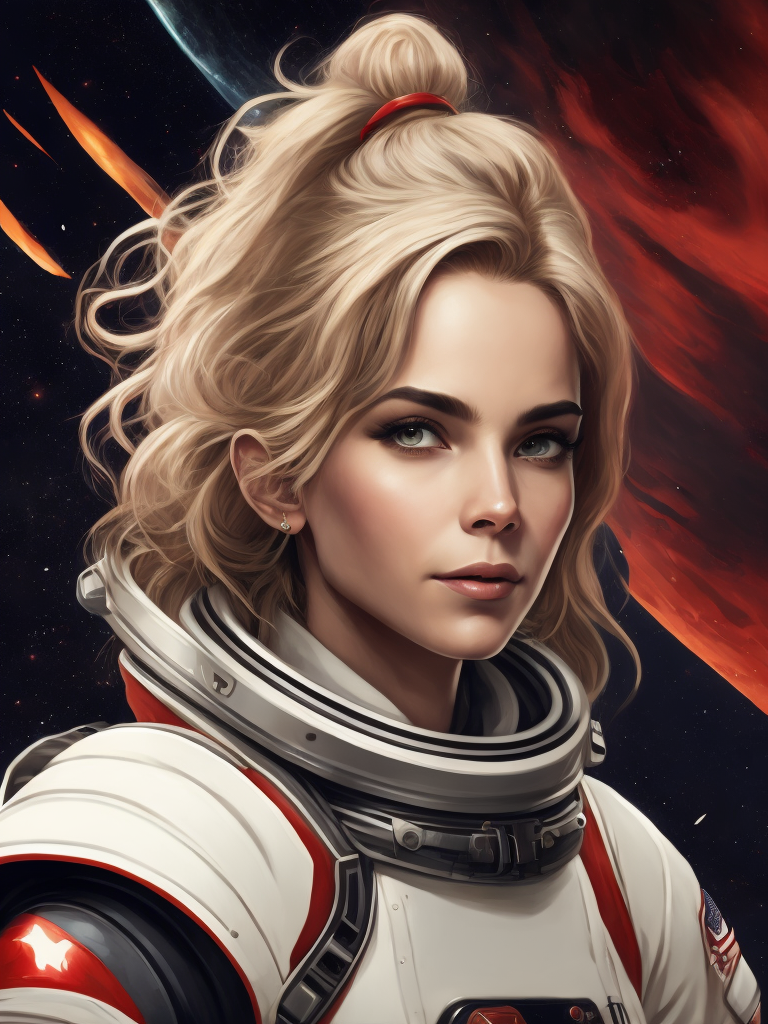 Highly detailed portrait of a hopeful pretty astronaut lady with a wavy blonde hair, by jamini roy, 4k resolution, nier:automata inspired, bravely default inspired, vibrant but dreary but upflifting red, black and white color scheme! space nebula background