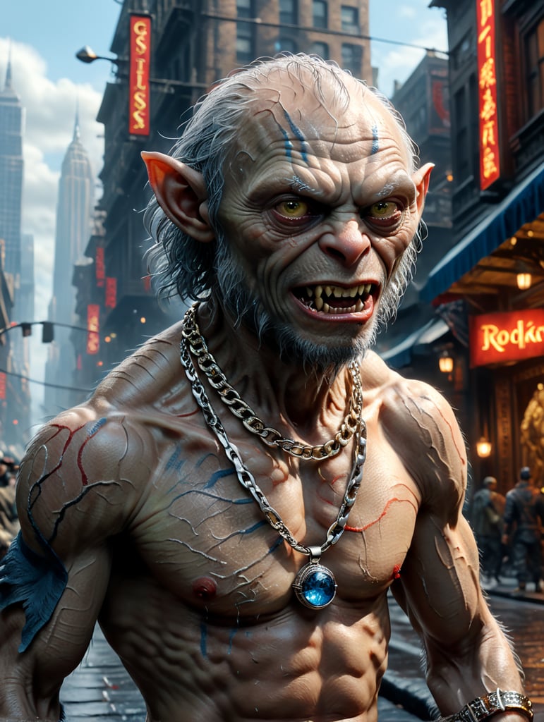 Aplicar um colar em prata estilo rapper no personagem Gollum da Trilogia Senhor dos Anéis. Gollum deve estar andando em uma calçada na cidade de New York, usando um tênis Air Jordan de cores branca e vermelha e Gollum também deverá estar usando um casaco de pele com estampa de Cheetah e com headphone AirPods Max de cor azul