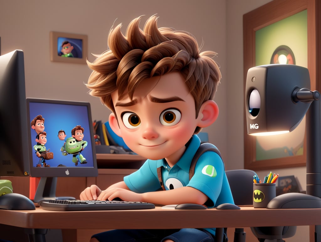 boy disney pixar style, light brown hair, in desk with computer