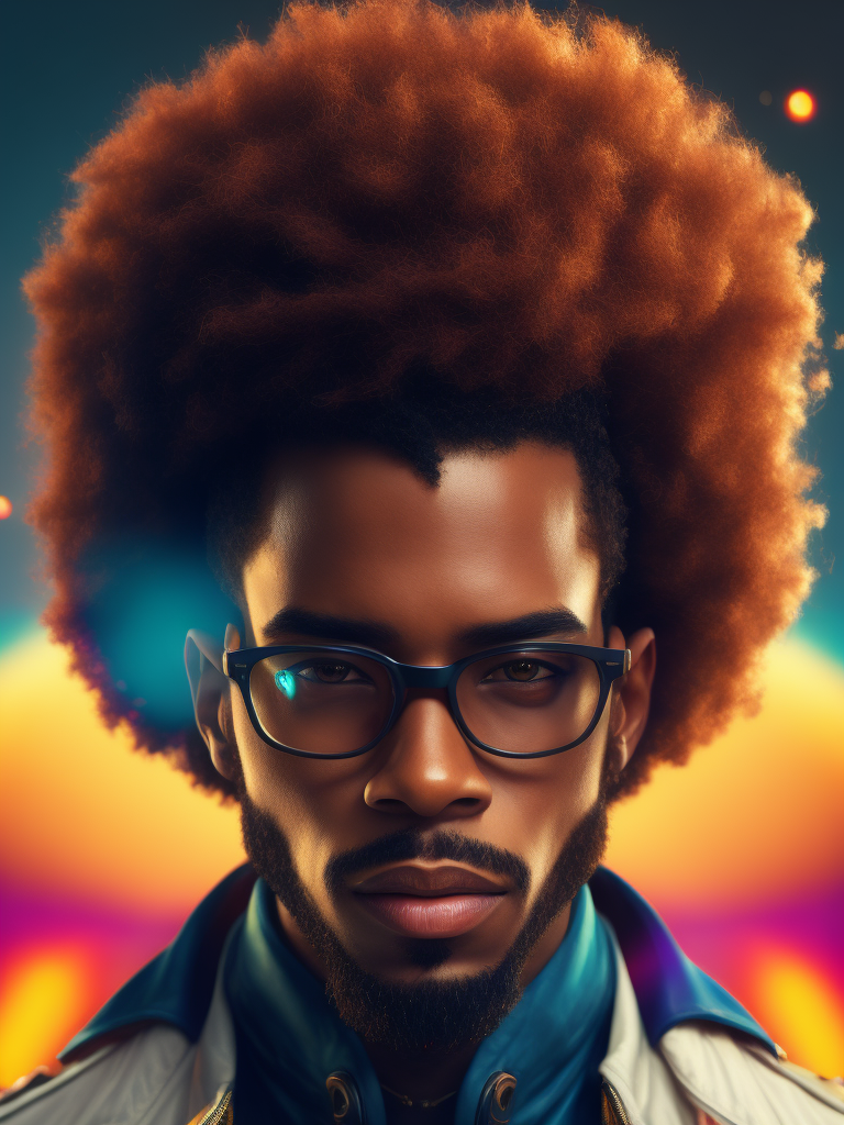 Detailed portrait of the singer the Weekend, Glasses with colored lenses, bright saturated colors, with a small beard, afro hairstyle, bright gradient background,