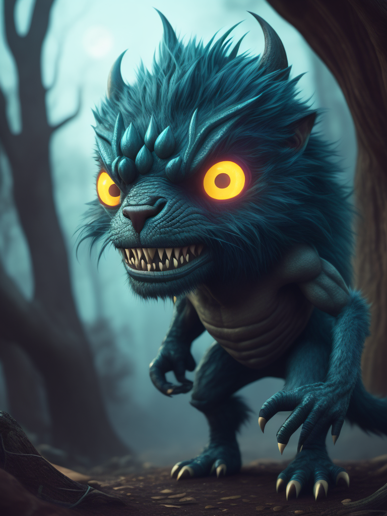 toon stylish monster for halloween, cyan, purple, with fur skin, the monster have to stay in the center of the enchanted forest, moonlight from the top, hyper realistic 3d character portrait, detailed, detailed face
