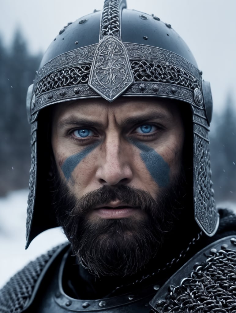 Portrait of a medieval Slavic warrior with a beard, wearing a helmet and chain mail, gray-blue eyes, a face stained with blood, against the backdrop of a winter landscape