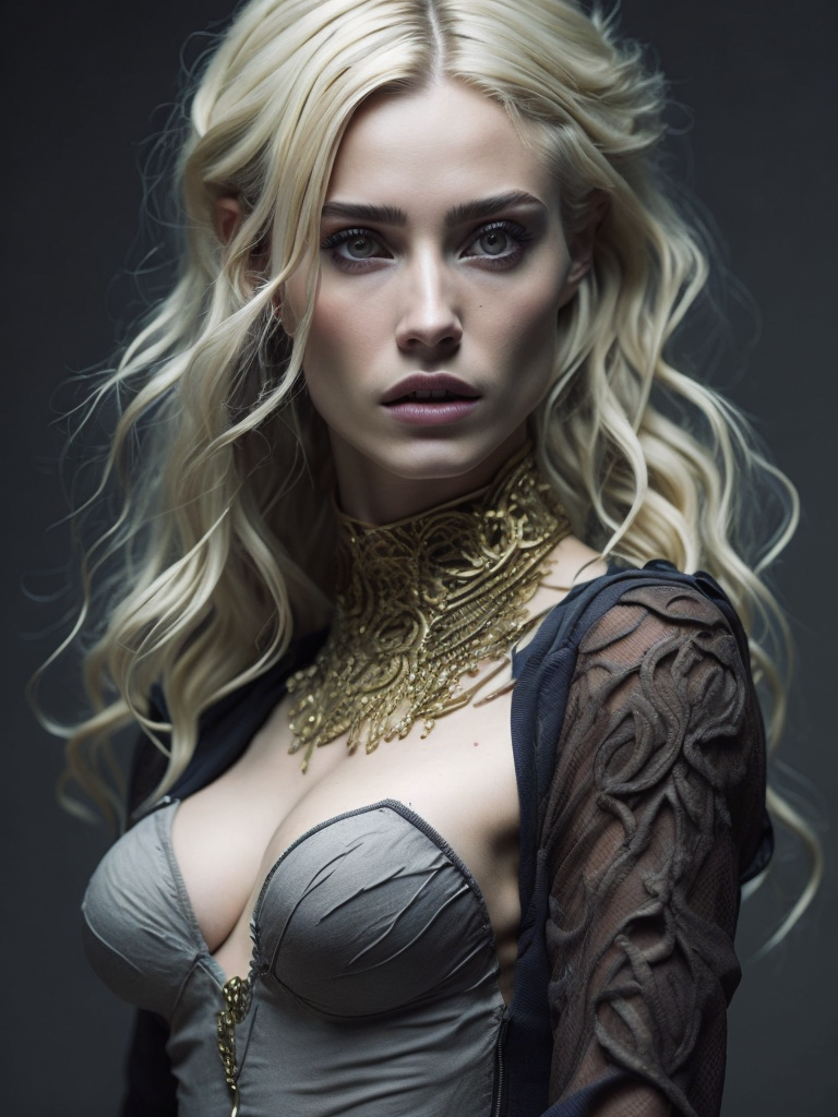 blonde zombie beauty goat horns, gold details, voodoo, pentagram, chains