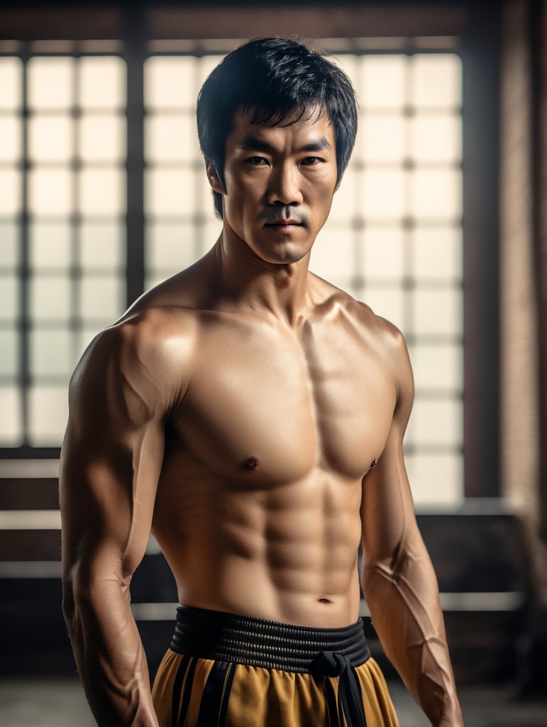 Bruce Lee standing looking at camera