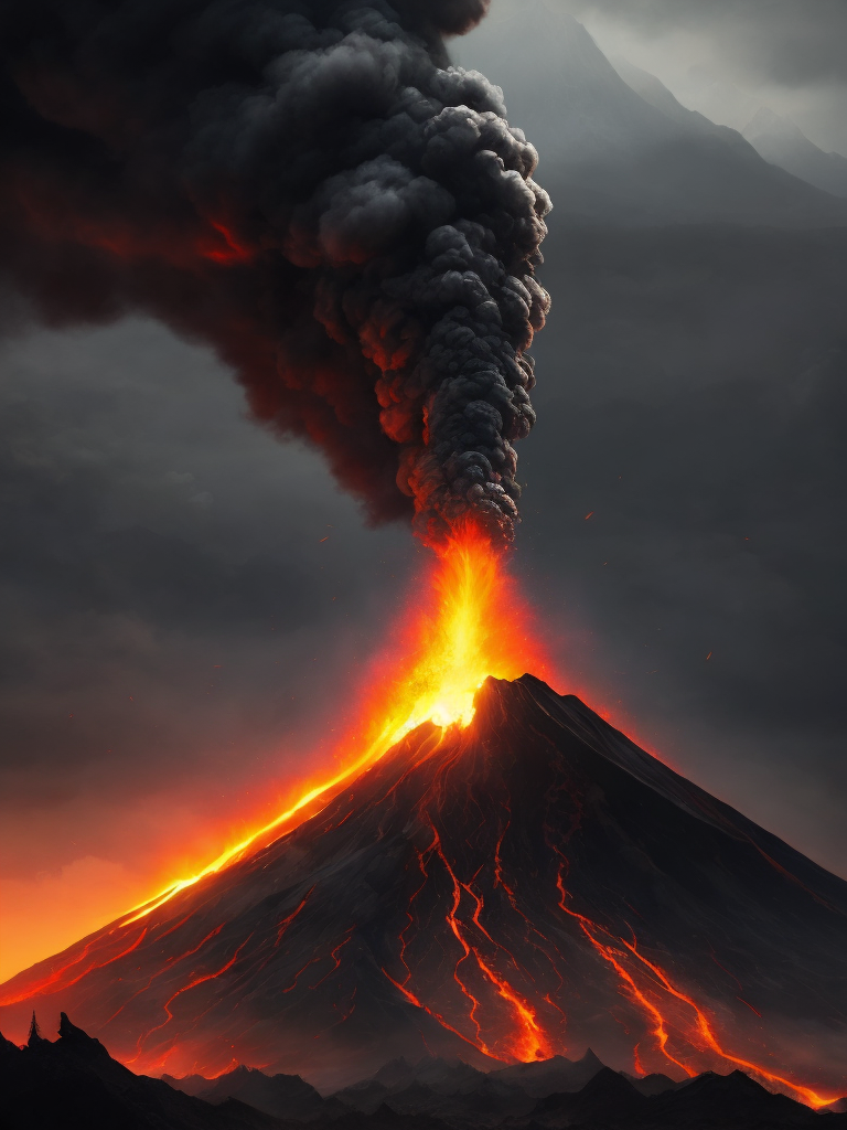 The image of a volcano erupting into the sky, a large mountain, black smoke, flowing lava, high quality details