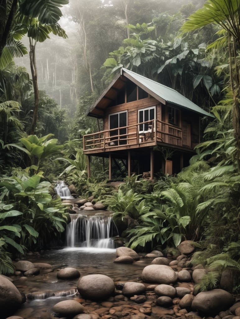 Beautiful small cabin in the jungle with a small stream nearby