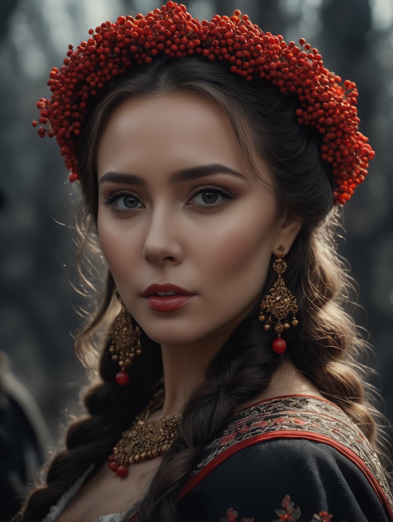 Portrait of a Beautiful women from Russian fairy tale wearing traditional costume around bunches of rowan