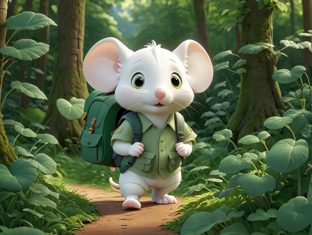 Cute white mouse with a backpack walking in green forest thick leaves lush trees nature scenery landscape.