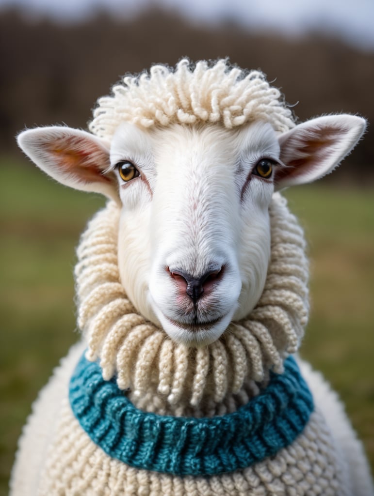 a white sheep wearing very hirsute crocheted sweaters for sheeple, portrait