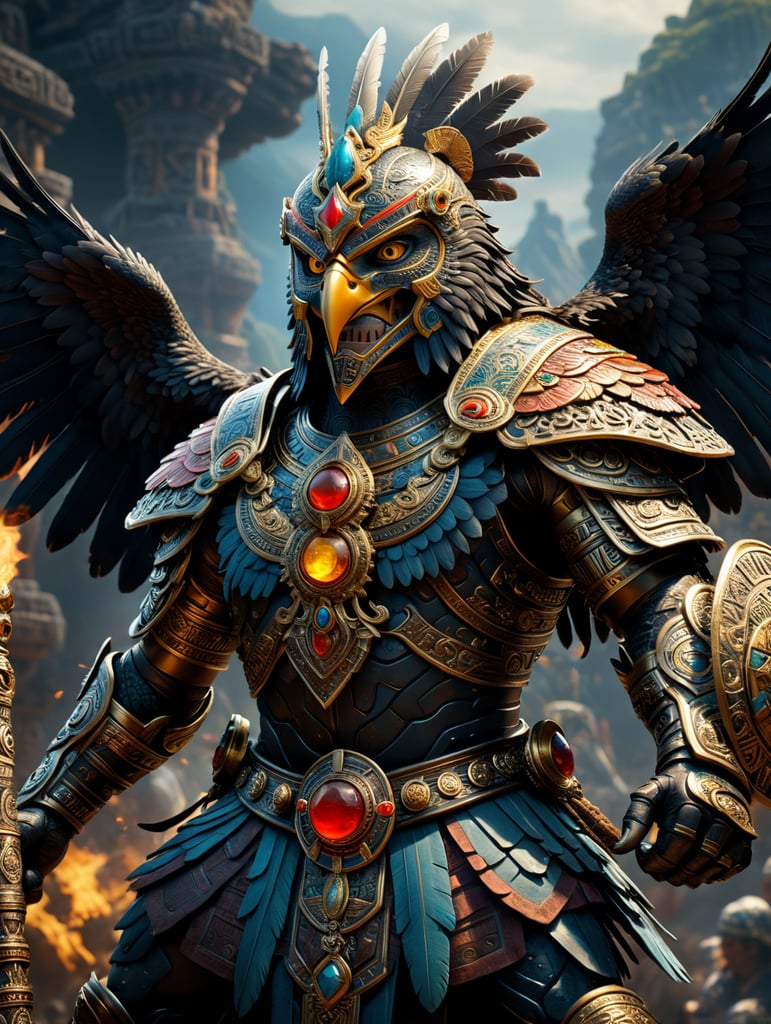 Insanely detailed photograph of An elaborate and insanely mighty "Aztec Eagle Knight with superpowers, fighting with the evil spirits of Mictlan in ancient Tenochtitlán" ZBrush Central fantasy art 4K 64 megapixels 8K resolution HDR, cinema 4D, lovely gorgeous magnificent full body