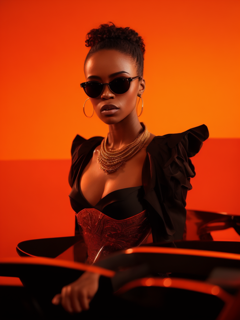 Black female model standing in waist-length black fluid, wearing black fashion dress, red lighting, black sunglasses, thick gold necklace around her neck, short haircut, red-orange background, fashion model, magazine cover, professional shot, magazine photography, bright saturated colors, sharp focus, highly detailed