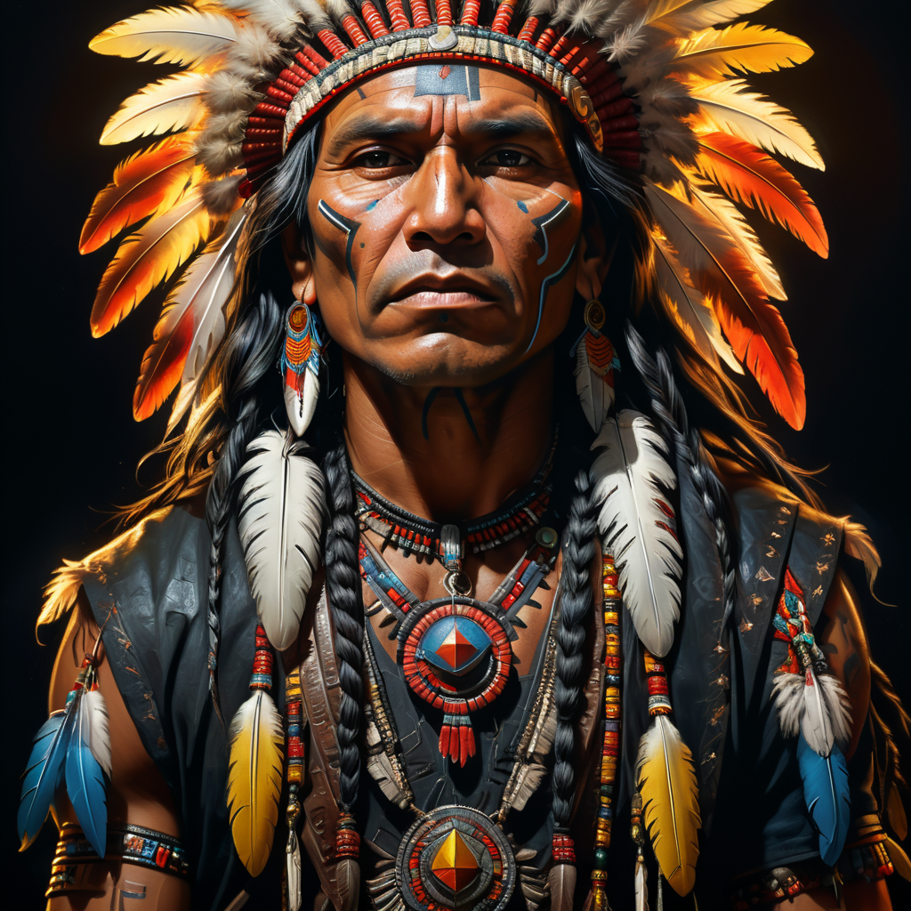 indian native american on black backround, flat style, portrait,Oil Painting style,dramatic night lights, comics