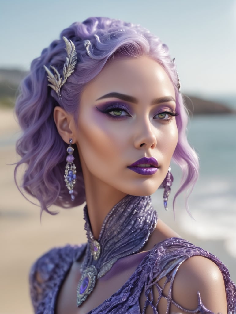 'Beautiful alien woman with lavender skin and purple hair, elegant, highly detailed, vogue, fashion magazine, sharp focus, bright expressive makeup, dramatic lighting, depth of field, incredibly high detailed, Ocean beach background'