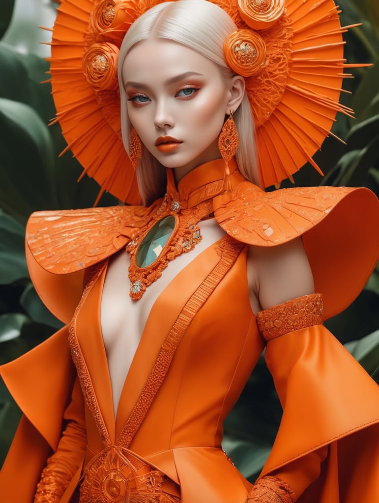 Girl in eco friendly haute couture outfit in the style of anime, surrealism, akira style. details. fine jewelry. eco friendly. orange vibe.