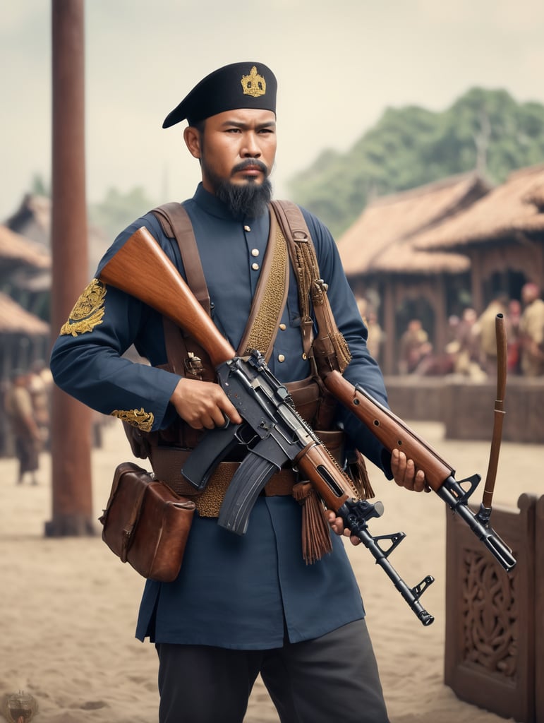 photograph of 15 century malay naval kingdom personal, with his AK47 asssault riffle. HD quality, hyper realistic.