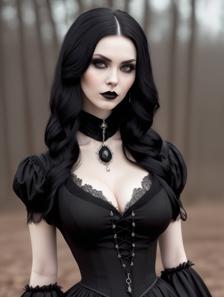 Pretty goth witch woman Pale skin Beautiful Black hair Large cleavage Black goth clothes Gorgeous