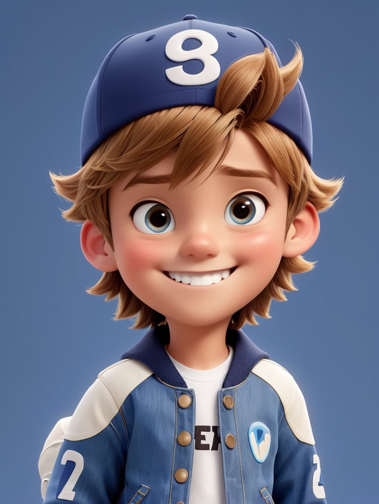 cartoon, Disney Pixar style, Max Moore, a boy with 20 yo, light brown hair, straight, short hair, pure smile, angelic look, wearing jeans, white t-shirt, blue jacket, black cap and brown sneakers