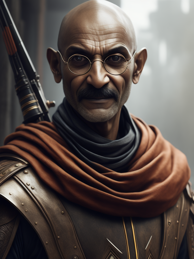 Gandhi as a futuristic medieval warrior ready for the combat