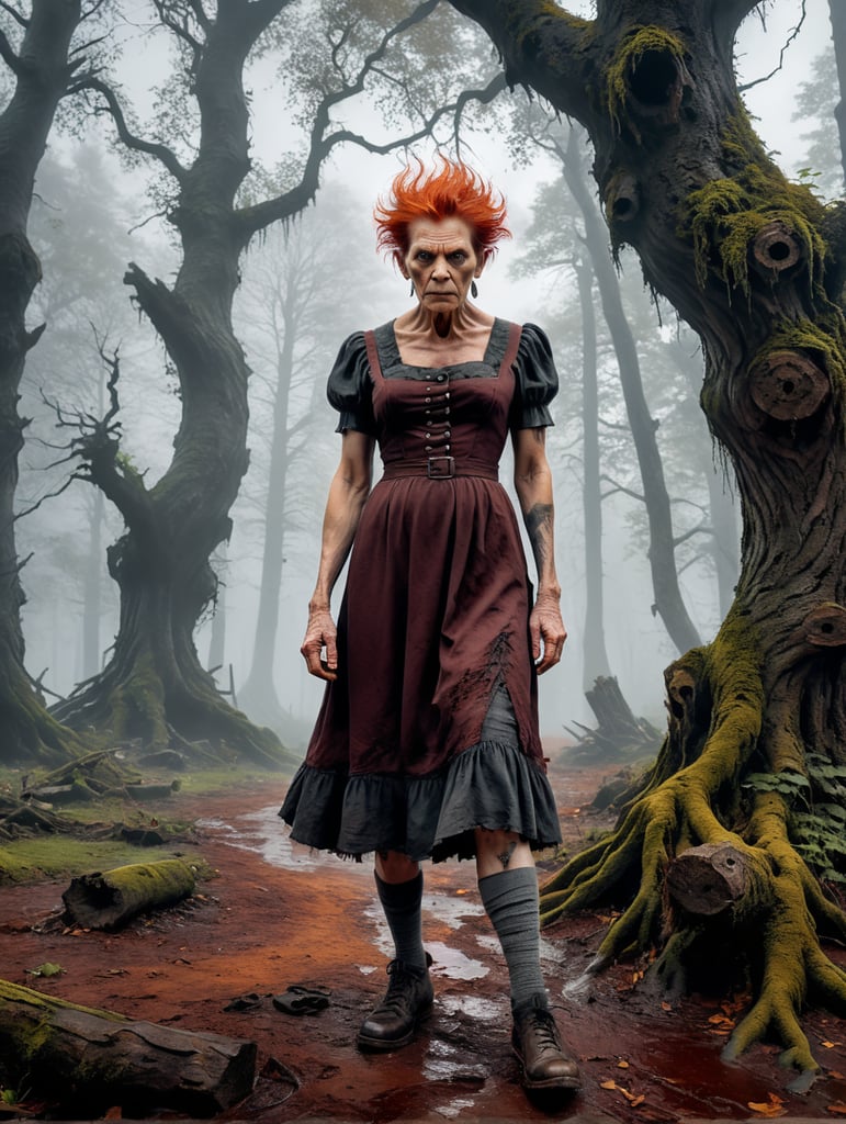 An old witch, short and fat, red hair and pale orange skin. dressed in a tattered dark maroon dress buttoned up to the neck with grey torn stockings and old battered shoes, very ugly with a small nose and warts, a hunched back. viewed from the front. Looking angry and shaking a fist. standing by an ancient tree in a dark scary wood. Mist in the background