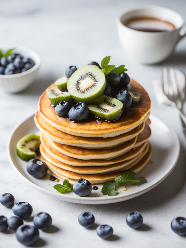 Pancakes with blueberry and kiwi decorated with chamomile flowers, bright atmosphere, Provence, Depth of field, Incredibly high detailed
