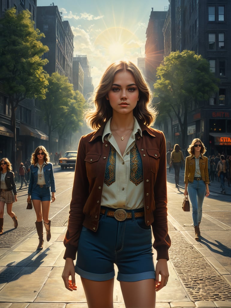 young women aged 24, 70's style, like the feel of the 70's, photographed full body, in the city with sunlight in the morning