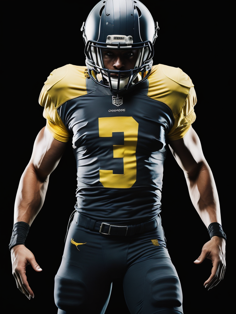 American football player, black an yellow colors, black background, dark atmosphere