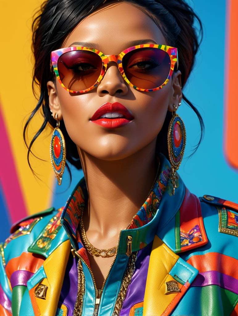 Rihanna wearing a brightly patterned jacket and wayfarer glasses, Vivid saturated colors, Contrast color