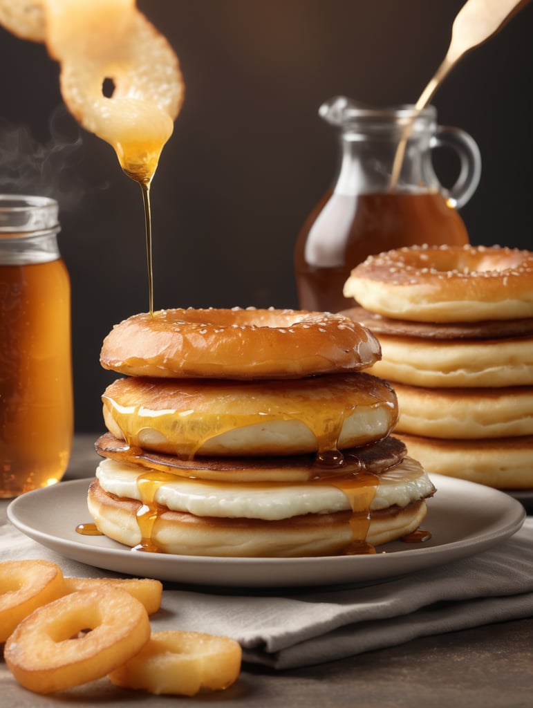 ultra-realistic 4k image of toasted bagels with hash browns, next to a stack of pancakes with maple syrup