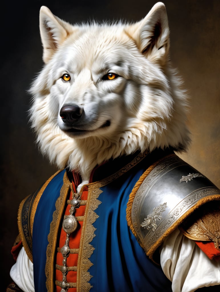 A masterpiece painting by Rembrandt Van Rijn, a Portrait of a white wolf wearing the typical clothes of the time, Renaissance painting style, 2 3 view, simple background, waist upwards, highly detailed, high contrast