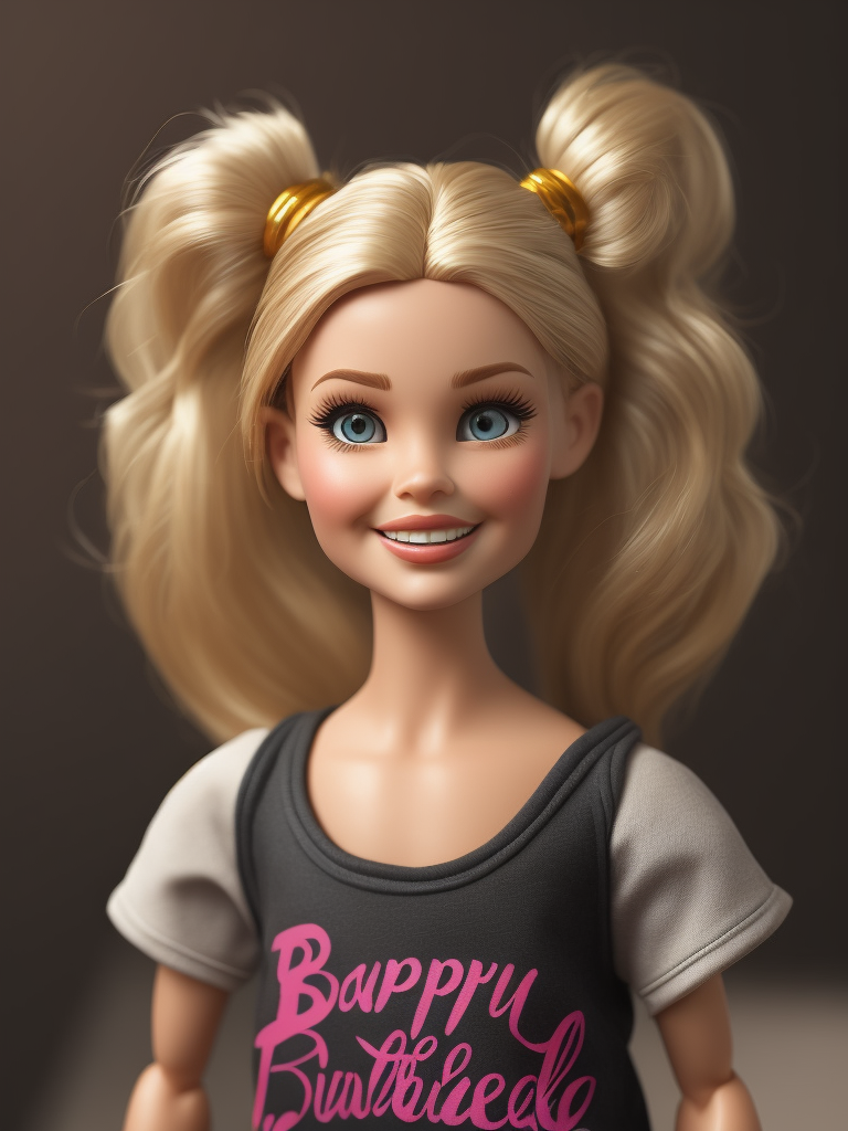 winking happy photo realistic messy blonde barbie doll with two side pigtail in t-shirt and open mouth