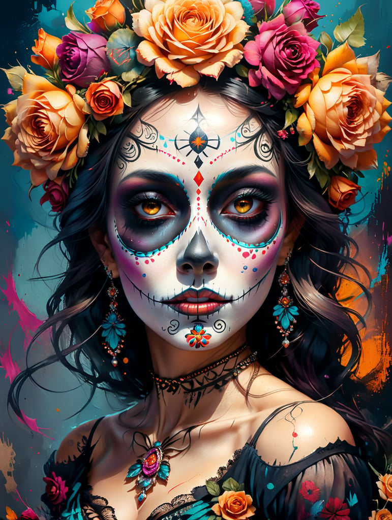 Portrait of Mexican beautiful catrina with roses on head Sugar skull makeup for day of dead in Mexico Dia de los muertos