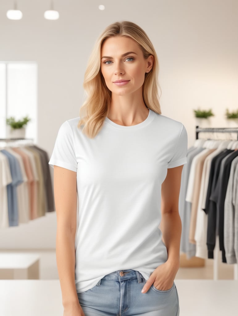 Woman wearing T-Shirt in Clothing Store Mockup