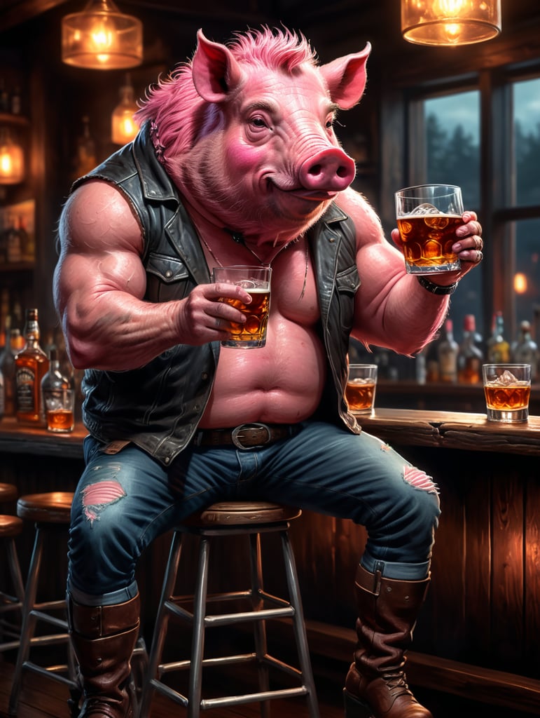 A pink hog sitting on a bar stool drinking a glass of whiskey
