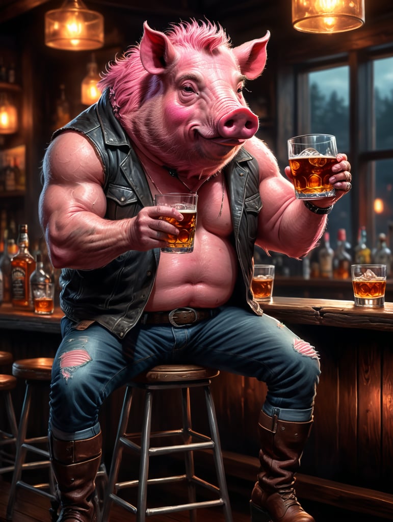 A pink hog sitting on a bar stool drinking a glass of whiskey