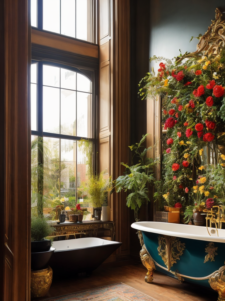 Architectural digest photo of a maximalist bathroom living room with lots of flowers and plants, golden light, award winning masterpiece with incredible details big windows, highly detailed, harper's bazaar art, fashion magazine, sharp focus