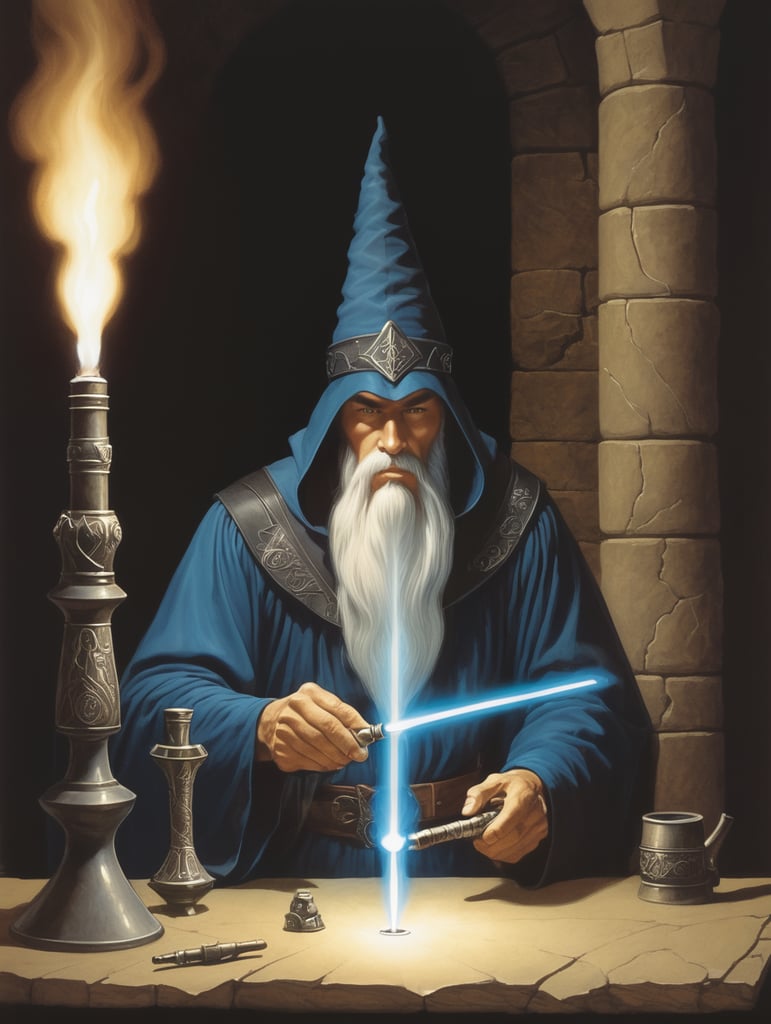 a wizard lighting up a pipe minimalist, 1970's dark fantasy book cover paper art, dungeons and dragons style drawing, by larry elmore