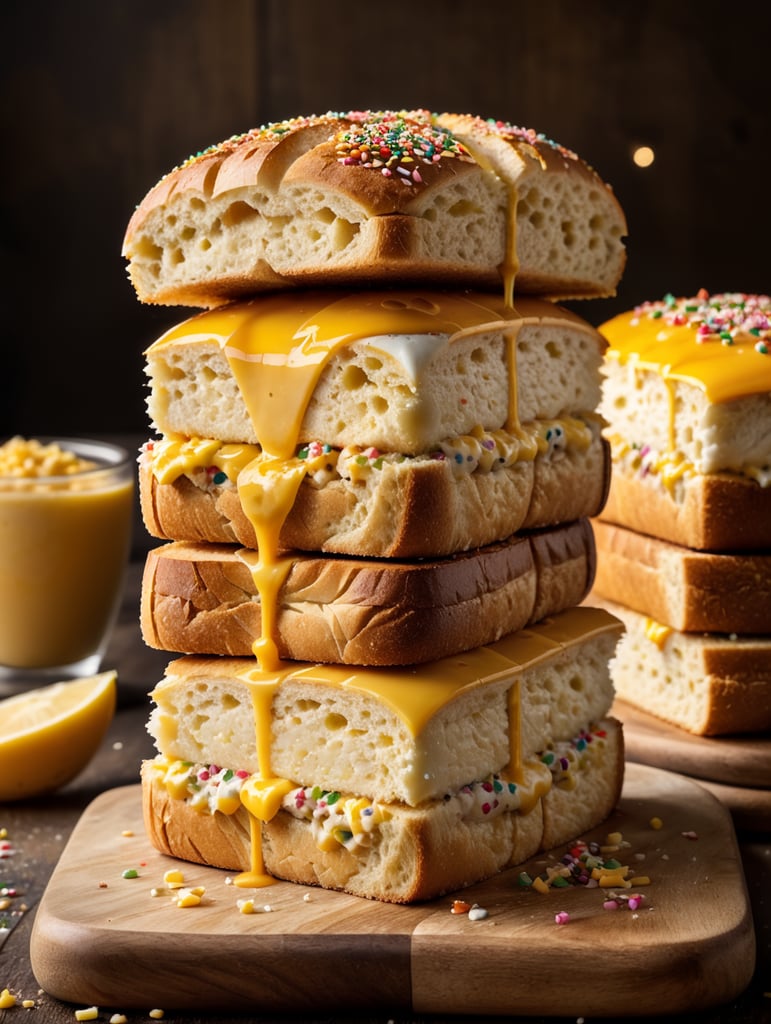 roti long john dengan toping meses dan keju yang melayang jatuh ke roti, shot dengan camera sony a7 mark iii, lensa leica f1.8 77mm, super resolusi