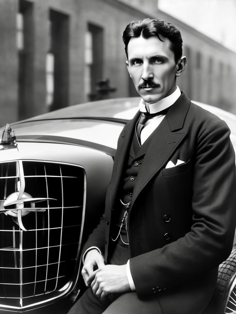 Nikola Tesla looks directly into the camera, with a Tesla car standing behind him.
